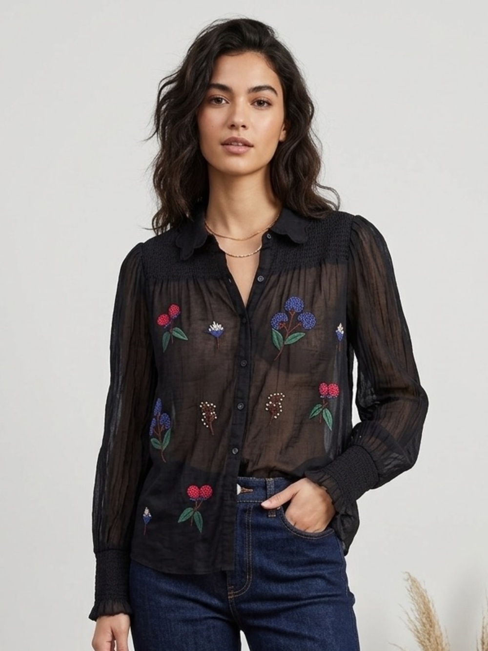 Sundance Floriana Bloom Black Embroidered Silk Cotton Boho Smocked Blouse